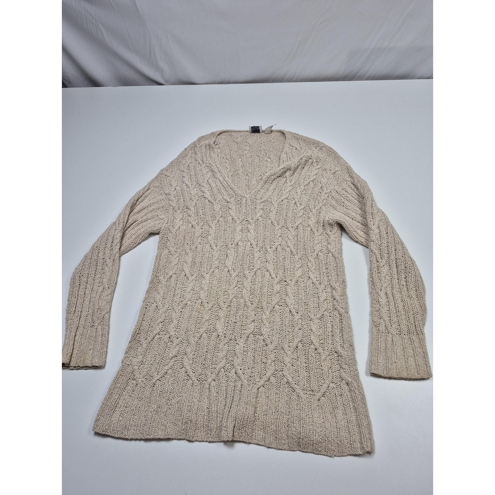 A Line Anne Klein Sweater Womens Small Beige Cable Knit Tunic V Neck Pullover